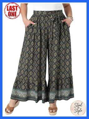 Plus Size Boho Palazzo Wide Leg Pants with Belt and Pockets - Flowy Rayon
